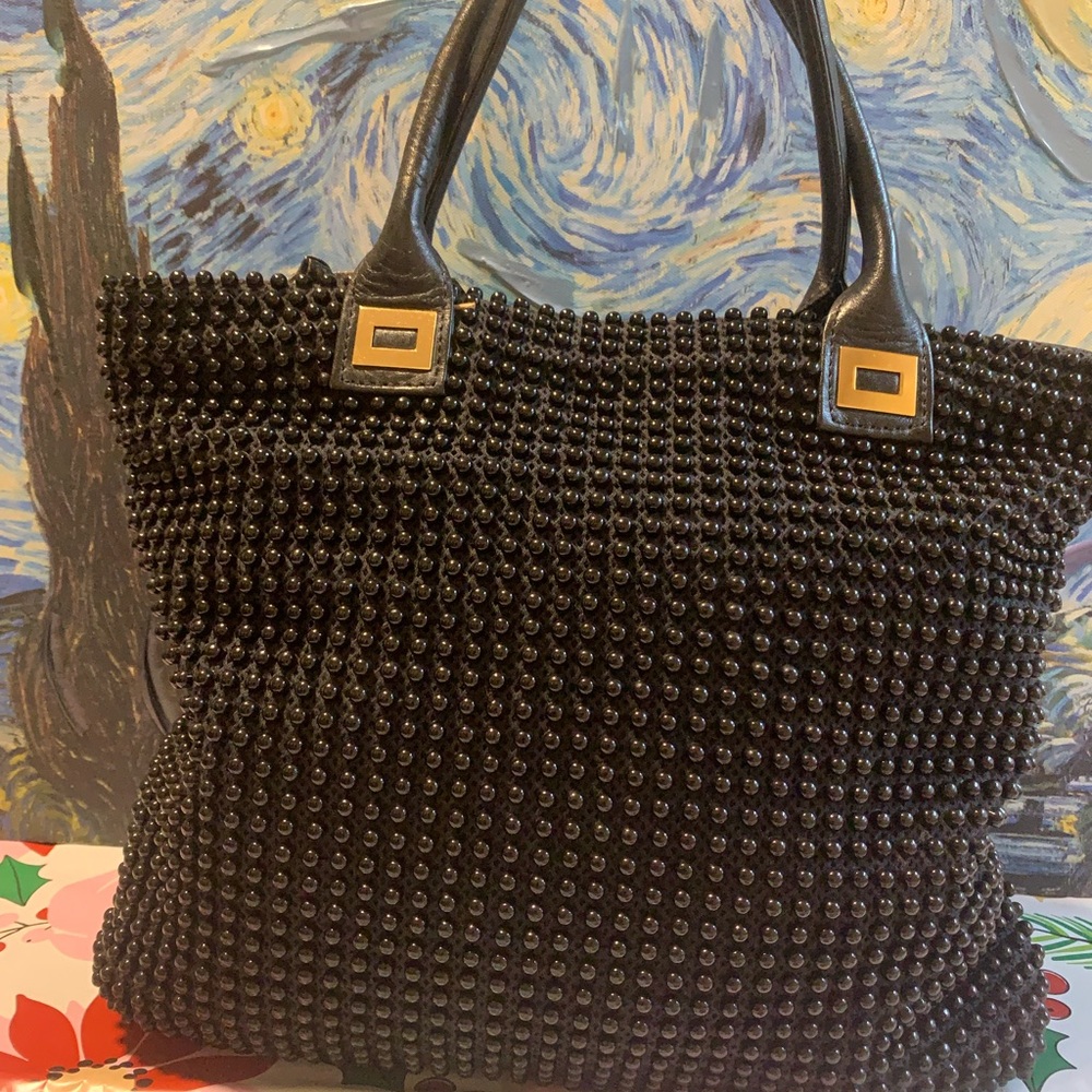 Black Beaded Tote Bag - Elegant Women's Handbag